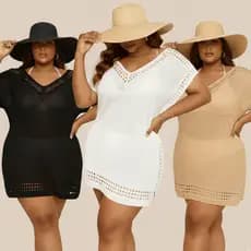 Saída de Praia Vestido Curto Tricot Plus Size Fenda Lateral Tamanho Grande Saída de Banho Moda Verão Curve+ 46 48 50 52