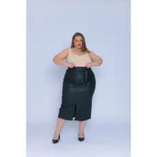Saia Midi Plus Size De Couro Com Cinto E Ziper