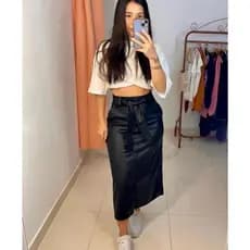 Saia De Couro Midi Com Cinto (M ao G3) Slim e Plus Size