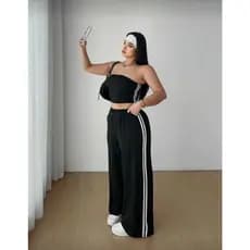 Conjunto 2 Peças Cropped Listrado E Calça Esportiva Solta De Cintura Elástica Plus Size Para Mulheres