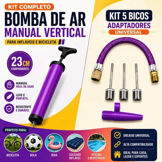 Kit 07 - 1 Bomba De Ar Vertical Encher Pneu Bike Bicicleta 25cm + 1 bico de Inflar + KIT 05 Bicos Para Encher Infla