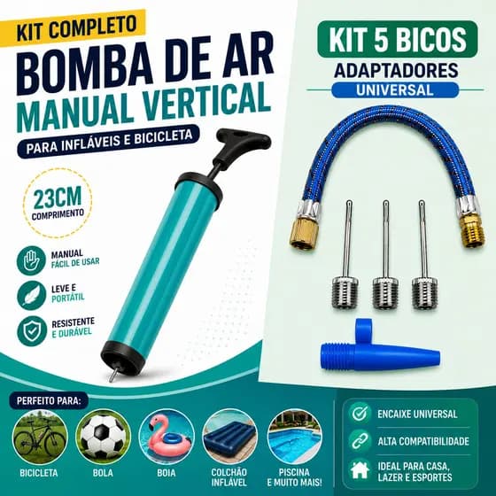 Bomba de Ar Manual Universal 23cm Vertical e 5 Bicos Adaptadores Bicicleta Bola Boia Piscina Colchão Inflável Infláveis