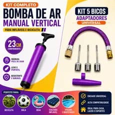 Bomba de Ar Manual Universal 23cm Vertical + 5 Bicos Adaptadores Bicicleta Bola Boia Piscina Colchão Inflável Infláveis