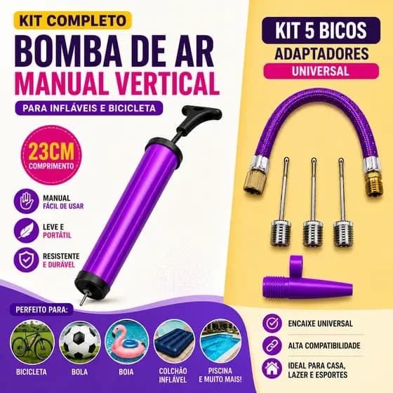Bomba de Ar Manual 23cm Vertical Universal Infláveis Bicicleta Bola Boia Piscina Colchão de Ar Kit com 1 + 5 Bicos