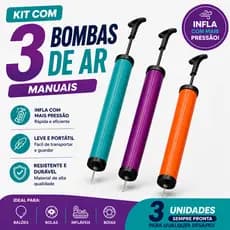 Bomba de Ar Manual 25cm Kit 2 ou 3 Unidades ou Kit 5 Bicos Adaptadores Universal Para Infláveis e Bicicletas