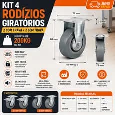 Kit 4 Rodízios Giratórios 2 Pol 200Kg 2 Com Trava 2 Sem Trava Para Móveis Bancadas Carrinhos Indústria Oficina
