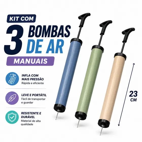 Kit 2/3 Bombas de Ar Manual Vertical 25cm Ou 5 Bicos Adaptadores Universal Bicicleta Bola Boia Colchão Inflável Piscina