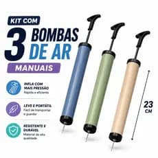 Kit 2/3 Bombas de Ar Manual Vertical 25cm Ou 5 Bicos Adaptadores Universal Bicicleta Bola Boia Colchão Inflável Piscina