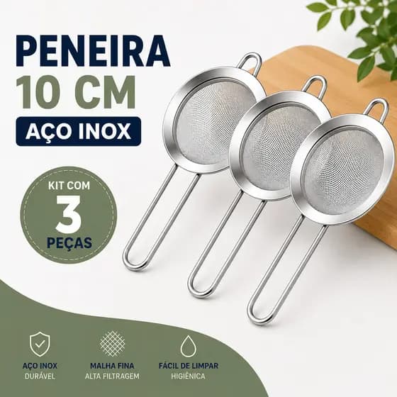 Kit 3/2/1 Un. Peneiras Inox 10cm Coador Manual Multiuso Para Farinha, Sucos, Chá e Alimentos Cozinha Premium