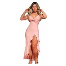 Vestido Festa Longo Com Fenda Babado Frontal Lançamento