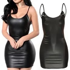 Vestidos femininos de couro preto sem encosto com decote em V Vestido de festa chique