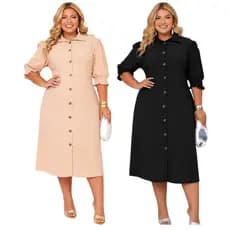 KIT 2 Vestidos Chemise Feminino Plus Size Midi Botões Frontais Manga Bufante Luxo e Elegancia