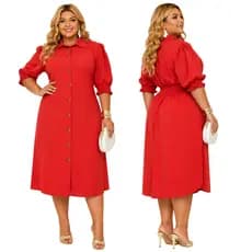 Vestido Chemise Plus Size Midi Feminino Elegante Manga Bufante Botões Frontais Moda Evangélica Chic