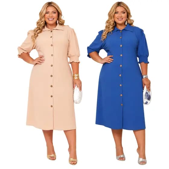 KIT 2 Vestidos Chemise Midi Plus Size Elegante Acinturado Moda Evangélica Feminina Confortável