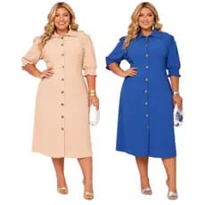 KIT 2 Vestidos Chemise Midi Plus Size Elegante Acinturado Moda Evangélica Feminina Confortável