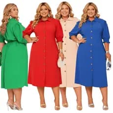 KIT 4 Vestidos Chemise Feminino Plus Size Midi Botões Frontais Manga Bufante Luxo e Elegancia