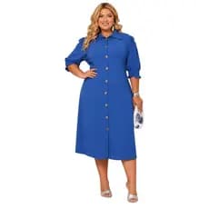 Vestido Chemise Plus Size Midi Manga 3/4 Elegante Feminino Tendência Moda Fashion Diversas Cores