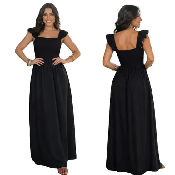 Vestido Longo Feminino Lastex no Corpo Tecido Dunas Manga Babado Confortável Elegante Fashion