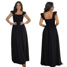 Vestido Longo Feminino Lastex no Corpo Tecido Dunas Manga Babado Confortável Elegante Fashion