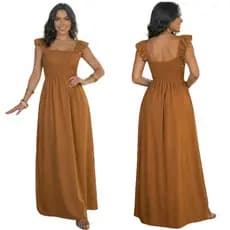 Vestido Longo Feminino Tecido Dunas Lastex Elegante Manga Babado Moda Verão Várias Cores