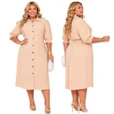 Vestido Chemise Feminino Plus Size Midi Botões Frontais Manga Bufante Luxo e Elegancia