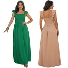 KIT 2 Vestidos Longo Feminino Tecido Dunas Lastex Elegante Manga Babado Moda Verão Várias Cores