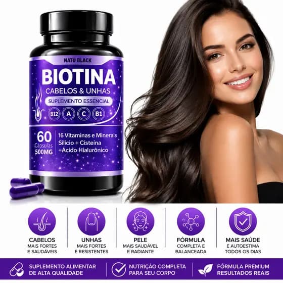 Biotina + Ácido Hialurônico e Vitaminas Zinco e Cromo 60 Cápsulas 500 mg - ENVIO IMEDIATO