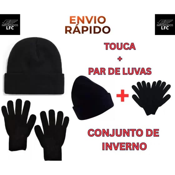 Touca Luva Tamanho Adulto Preta Lã Unissex Masculino Feminino Gorro Inverno Kit Inverno Frio