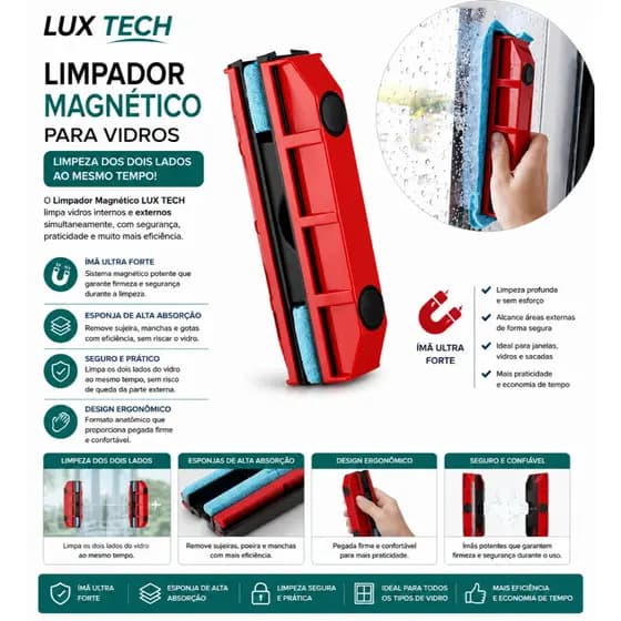 Limpa Vidros Magnético Porta Janelas Box Rodo Mágico Imã Cor:Vermelho