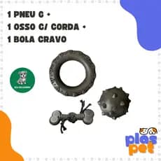 Kit de Brinquedos p/ Cães - Pneu G + Bola Cravo 8,5cm + Osso Chiclete com Corda