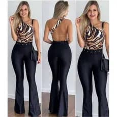 Calça Feminina Flare Boca de Sino de Cirre Cintura Alta Com Cinto Removível Moda Blogueira 4
