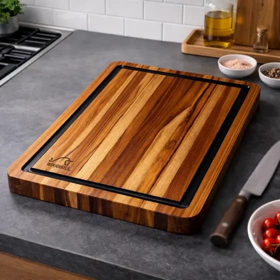 Tábua de corte de madeira Teca Tábua de cortar grossa com canal em resina uso em carne cozinha 40x30