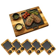 Kit 5 Tábuas Madeira com Chapa de Ferro Fundido + 2 Molheiras - Alta Qualidade