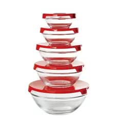 Kit 5 Tigelas de Vidro Redondas com Tampas Vermelhas Herméticas Potes para Cozinha e Armazenamento