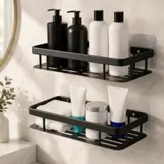 Kit  Suporte Prateleira Banheiro Adesivo Parede Preto Organizador Porta Shampoo Aço Inoxidável
