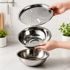 Ralador Escorredor Inox 3 em 1 com Tigela e Bacia Multiuso Cozinha