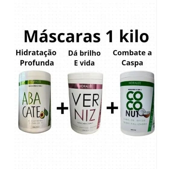 Kit Máscaras de Verniz+ Coco+ Abacate 1 kilo Hidralize Brilho e Maciez