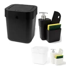 Kit Lixeira de Cozinha 4 Litros com Porta Detergente Dispenser com Rodinho 750ml