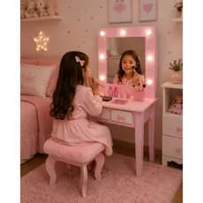 Penteadeira Camarim Infantil Rosa com Espelho  Banqueta Estofada | Cantinho da Beleza Menina moderna