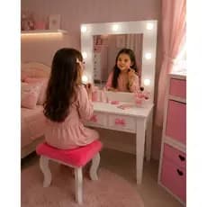 Penteadeira Camarim Infantil rosa branca  lilas com Espelho  Banqueta Estofada  Menina puxador de acrilico moderno