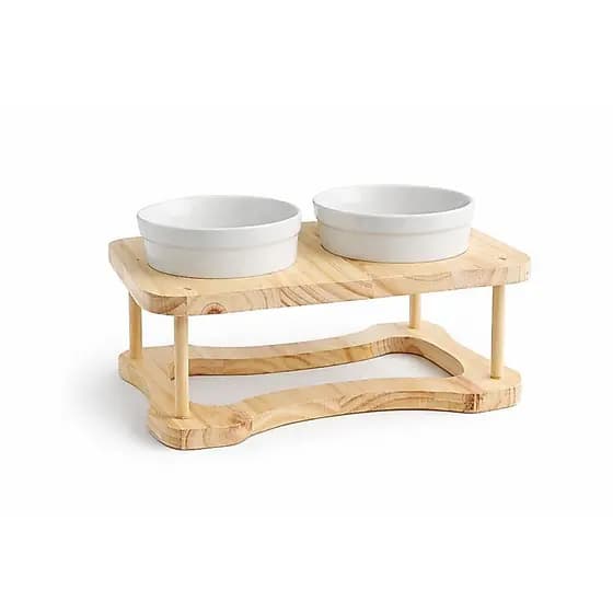 Comedouro Elevado Conforto Pet em Madeira Pinus com Cumbuca de Porcelana 330ml para Cachorro e Gato