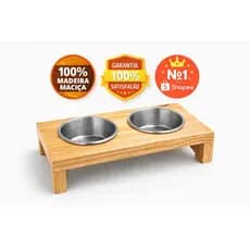 Comedouro Elevado para pets Madeira Pinus duplo  com Vasilhas Alumínio cachorro gato
