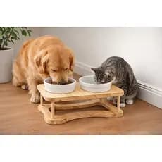 Comedouro Elevado Premium para Cachorro e Gato em Madeira Pinus com Cumbuca de Porcelana 330ml