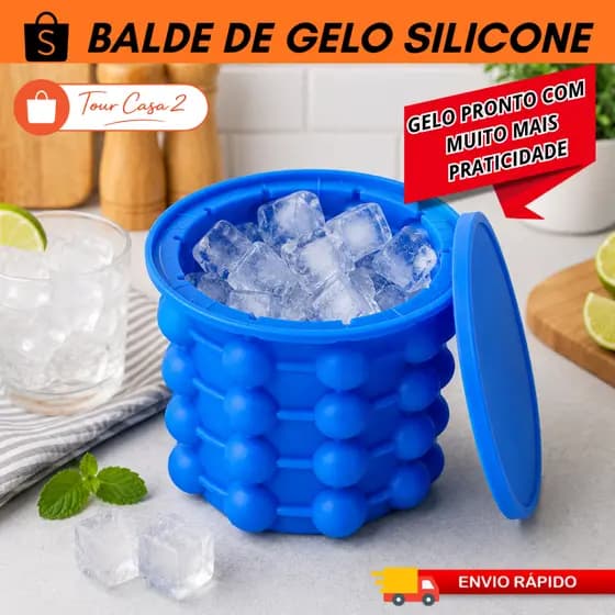 Balde de Gelo Silicone Térmico com Tampa Forma de Gelo Reutilizável Azul Praia Cozinha Geladeira Cooler