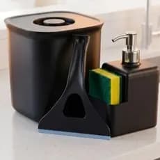 Kit Pia Cozinha Luxo: Lixeira 5L + Dispenser Detergente 500ml+ Rodinho de pia+ Porta Esponja Black