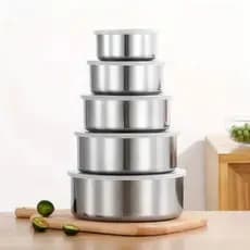 Kit 5 Potes de Aço Inoxidável com Tampa Hermética – Formato Redondo