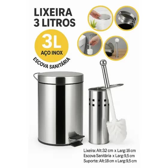 Kit Banheiro Inox 🧼🚽 | Lixeira 3L com Pedal ou  Escova Sanitária com Suporte 🪣✨