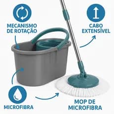 Mop Giratório 360º com Balde Centrífuga Inox, Cabo 140cm e Reservatório de 8L com Rodinhas