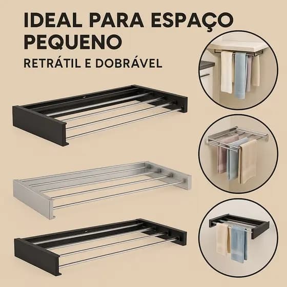 Varal Mágico Dobrável Retrátil de Parede 🧺 100cm e 80cm com 5 Varetas 🚿 Ideal para Lavanderia e Espaços Pequenos 🏡