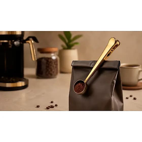 Colher Dosadora Café Dourada Inox com Grampo 2 em 1 Medidora 17cm Elegante Gourmet Clipe Prendedor